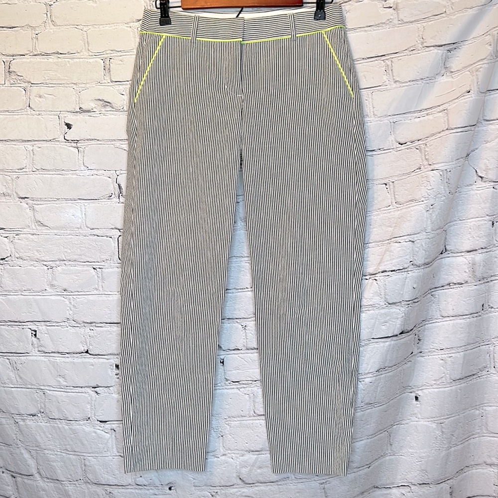 J. Crew Gray White Seersucker Striped Neon Green Trim Pants Size 0